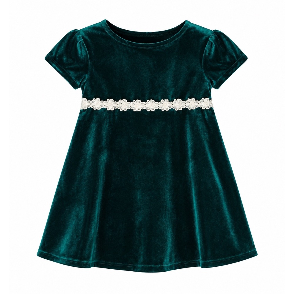 Vintage My Michelle Velvet Dress Girls Size M Green Floral Lace Trim Holiday